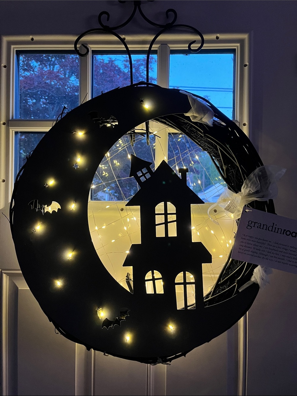 Grandin Road Black Halloween Moon Wreath with LED Lights